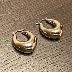 Lightweight Silver Chunky Thick Hoop Earrings Slightly Elongated Puffed Puffy